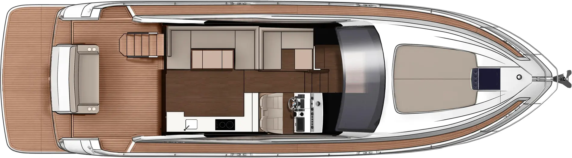 Top view of a modern yacht's interior layout, featuring a lounge area, galley, and steering console with seating.